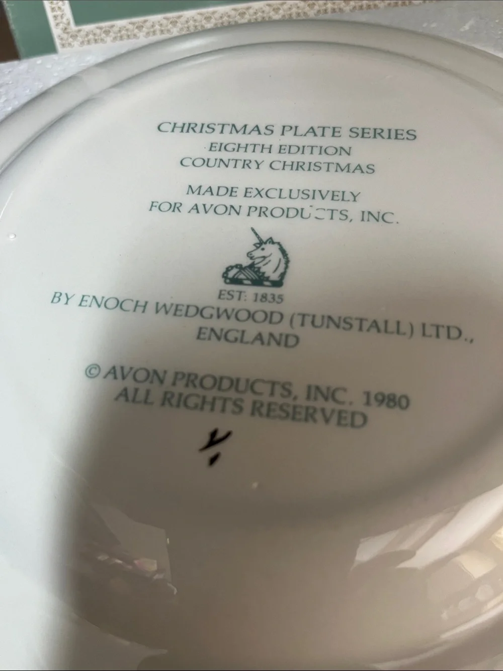 Avon Green Christmas Plate Box Art - Sage Green 1980